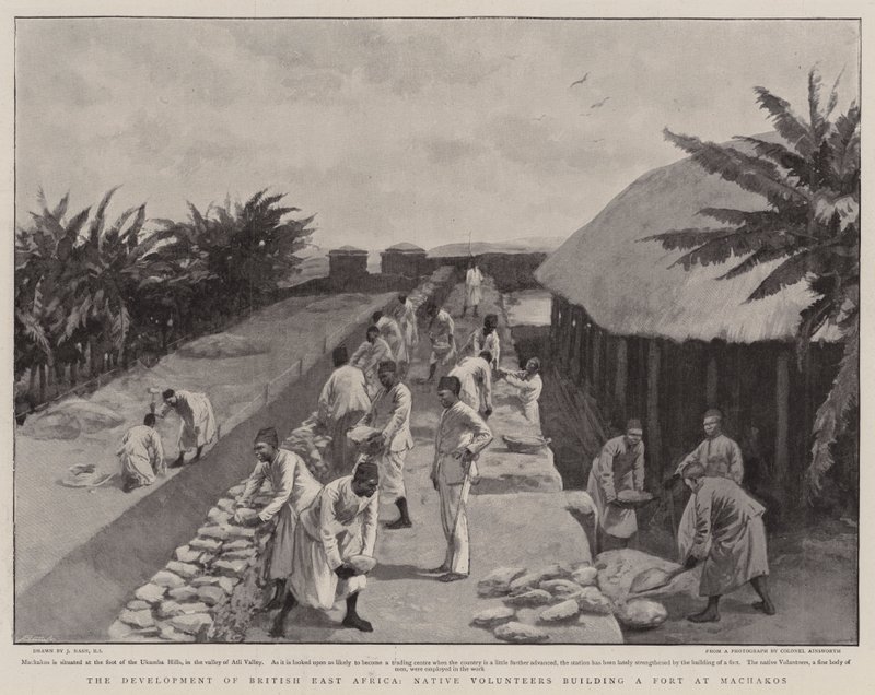 Utviklingen av Britisk Øst-Afrika, innfødte frivillige som bygger et fort ved Machakos av Joseph Nash