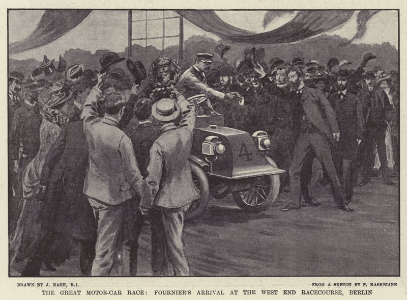 The Great Motor-Car Race, Fourniers ankomst til West End Racecourse, Berlin av Joseph Nash
