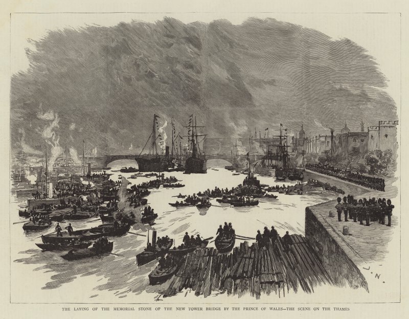 Nedleggingen av minnesteinen til New Tower Bridge av prinsen av Wales, scenen på Themsen av Joseph Nash