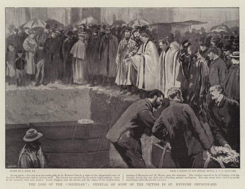 The Loss of the Mohegan, begravelse av noen av ofrene i St Keverne Churchyard av Joseph Nash