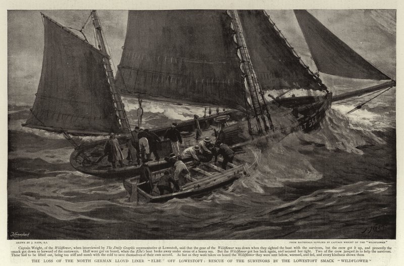 Tapet av den nordtyske Lloyd Line Elbe utenfor Lowestoft, Rescue of the Survivors av Lowestoft Smack Wildflower av Joseph Nash