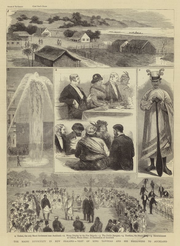 Maori-vanskeligheten i New Zealand, besøk av kong Tawhiao og hans tilhengere i Auckland av Joseph Nash