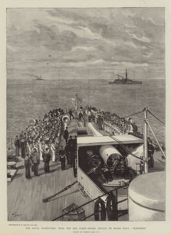 Sjømanøvrene, med den røde flåten, gudstjeneste om bord på HMS Blenheim av Joseph Nash