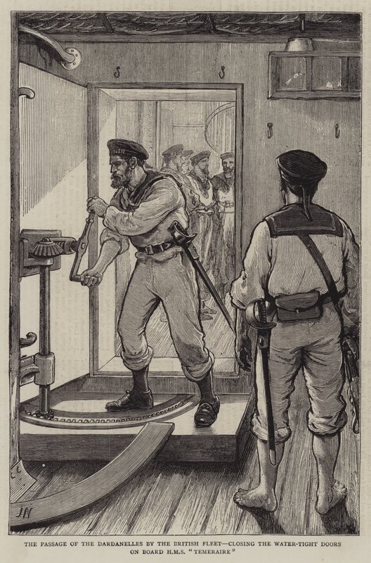 Passasjen av Dardanellene av den britiske flåten, lukker de vanntette dørene om bord på HMS Temeraire av Joseph Nash