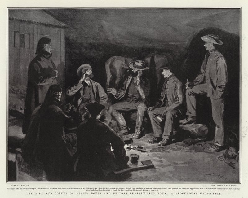 The Pipe and Coffee of Peace, boere og briter forbrødring rundt en Blockhouse Watch-Fire av Joseph Nash