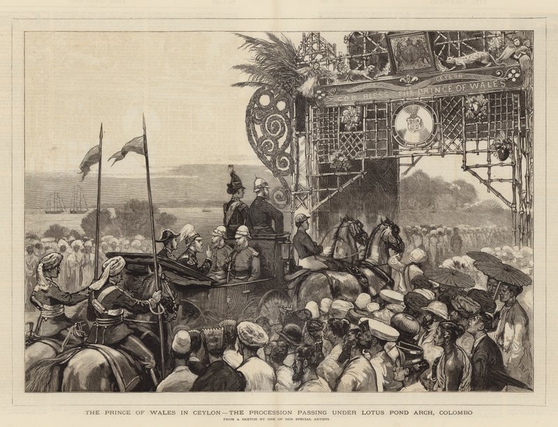 Prinsen av Wales i Ceylon, prosesjonen som passerer under Lotus Pond Arch, Colombo av Joseph Nash