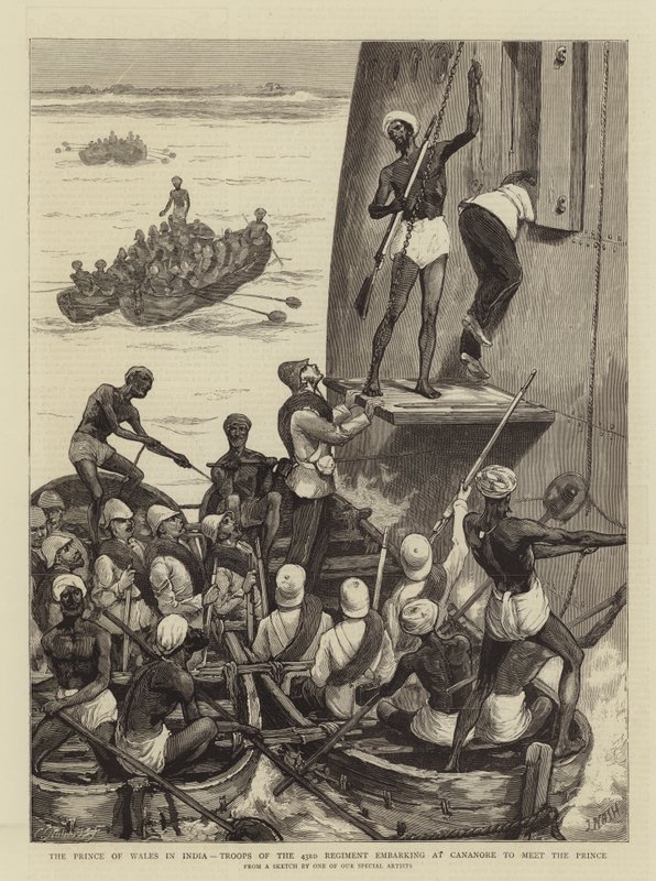 Prinsen av Wales i India, tropper fra det 43. regiment tar fatt på Cananore for å møte prinsen av Joseph Nash