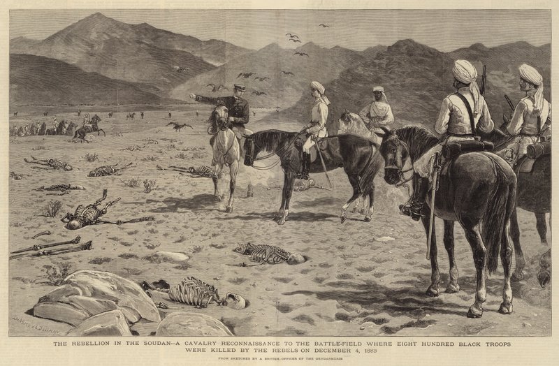 Opprøret i Soudan, en kavaleri-rekognosering til slagmarken der åtte hundre svarte tropper ble drept av opprørerne 4. desember 1883 av Joseph Nash
