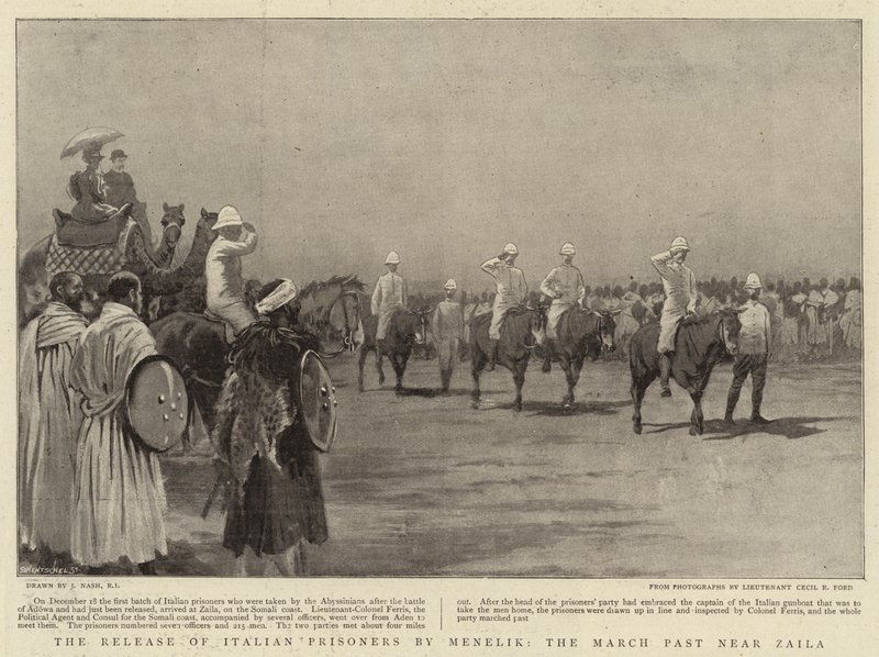 Frigjøringen av italienske fanger av Menelik, March Past nær Zaila av Joseph Nash