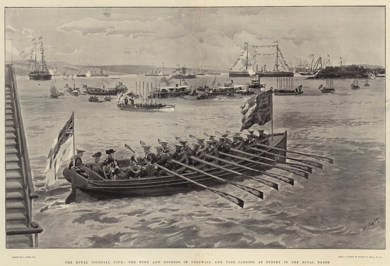 Royal Colonial Tour, hertugen og hertuginnen av Cornwall og York lander i Sydney i Royal Barge av Joseph Nash
