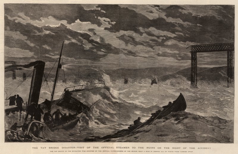 Tay Bridge-katastrofen, besøk av den offisielle dampbåten til ruinene på ulykkesnatten av Joseph Nash
