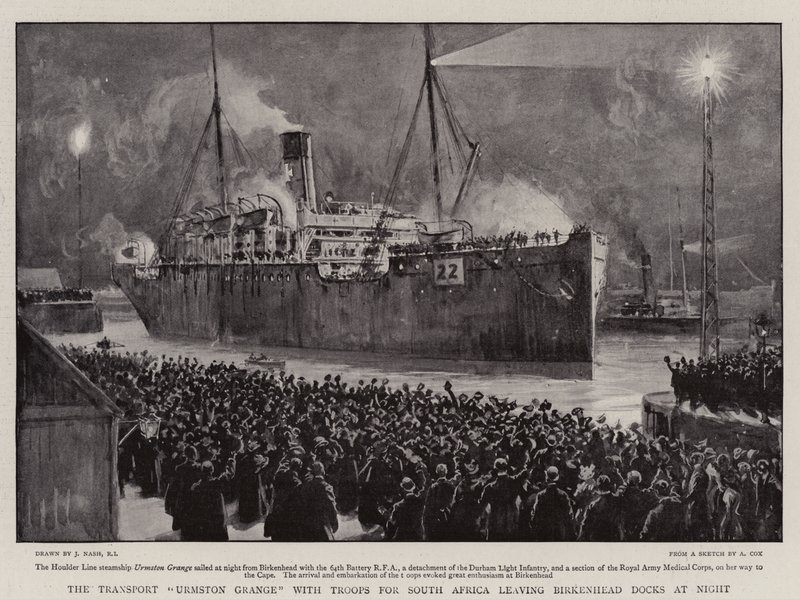 Transport Urmston Grange med tropper for Sør-Afrika forlater Birkenhead Docks om natten av Joseph Nash