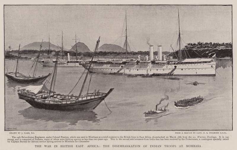 Krigen i Britisk Øst-Afrika, ilandstigningen av indiske tropper ved Mombasa av Joseph Nash
