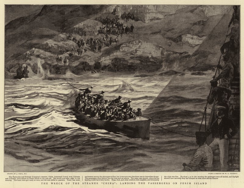 Vraket av Steamer China, lander passasjerene på Perim Island av Joseph Nash