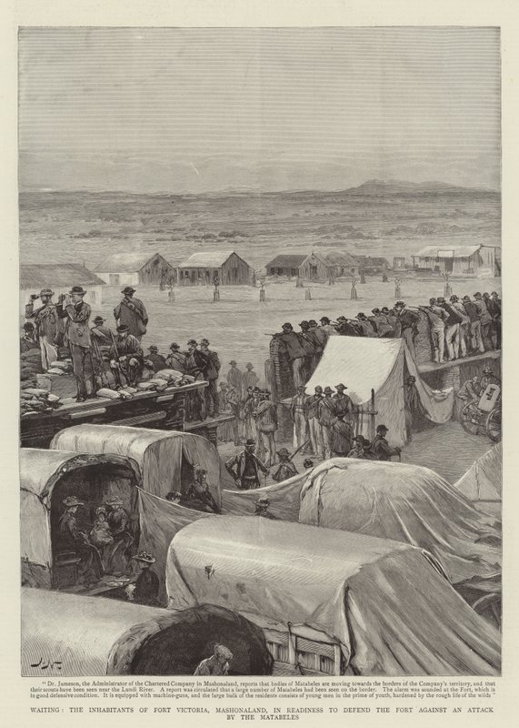 Venter, innbyggerne i Fort Victoria, Mashonaland, i beredskap til å forsvare fortet mot et angrep fra Matabeles av Joseph Nash