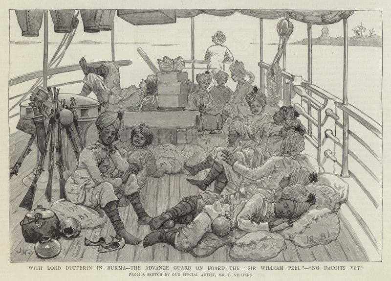 Med Lord Dufferin i Burma, Advance Guard om bord på Sir William Peel, No Dacoits Yet av Joseph Nash