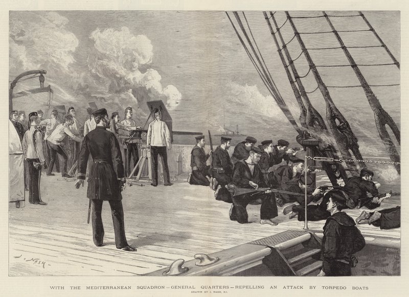 Med Mediterranean Squadron, General Quarters, som avviser et angrep fra torpedobåter av Joseph Nash