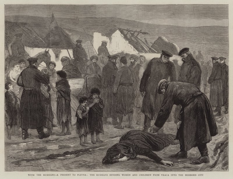Med russerne, en gave til Plevna, sender russerne kvinner og barn fra Vraca inn i den beleirede byen av Joseph Nash