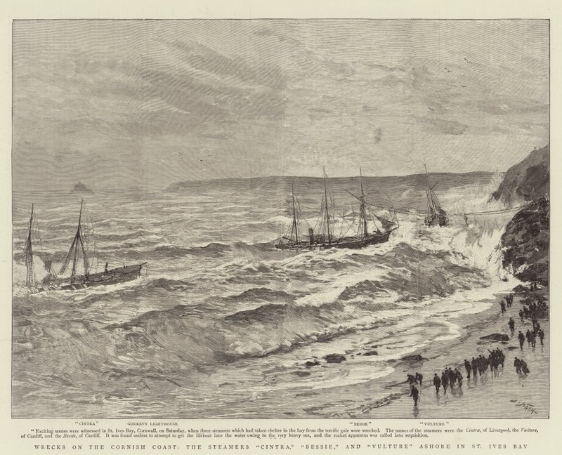 Vrak på Cornish Coast, Steamers Cintra, Bessie og Vulture Ashore i St Ives Bay av Joseph Nash