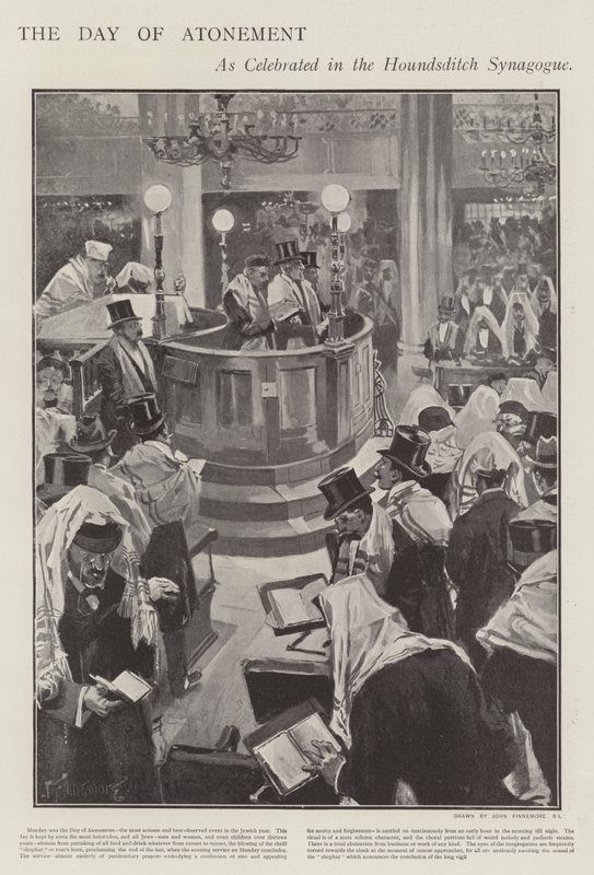 Feirer den jødiske forsoningsdagen i Houndsditch Synagogue, London (litho) av Joseph (after) Finnemore