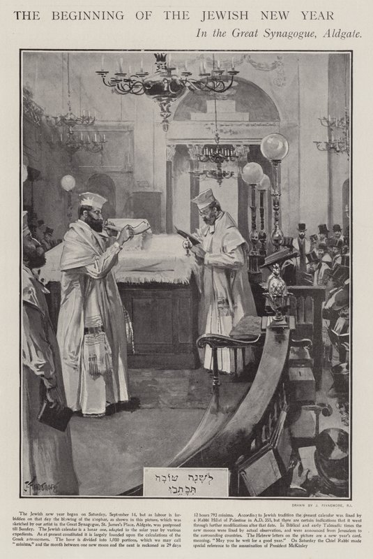 Feirer begynnelsen av det jødiske nyttåret i den store synagogen, Aldgate, London (litho) av Joseph (after) Finnemore