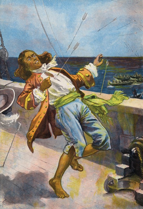Robinson Crusoe: Death of Friday (farge litho) av Joseph (after) Finnemore