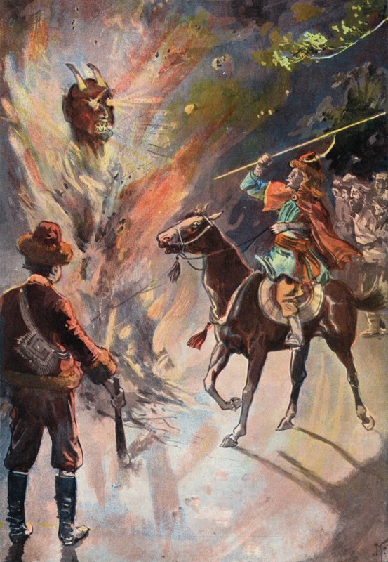 Robinson Crusoe: Ødeleggelse av tartaridolet (farge litho) av Joseph (after) Finnemore