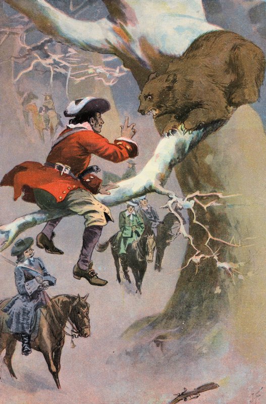 Robinson Crusoe: Fredag erter bjørnen (farge litho) av Joseph (after) Finnemore