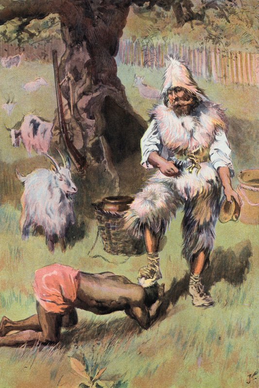 Robinson Crusoe: Han plasserer foten min på hodet hans (farge litho) av Joseph (after) Finnemore