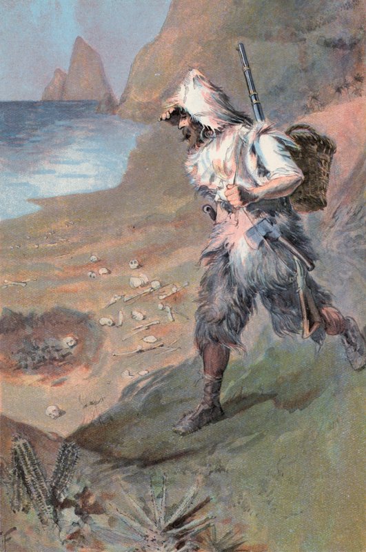 Robinson Crusoe: Jeg er fylt med skrekk (farge litho) av Joseph (after) Finnemore