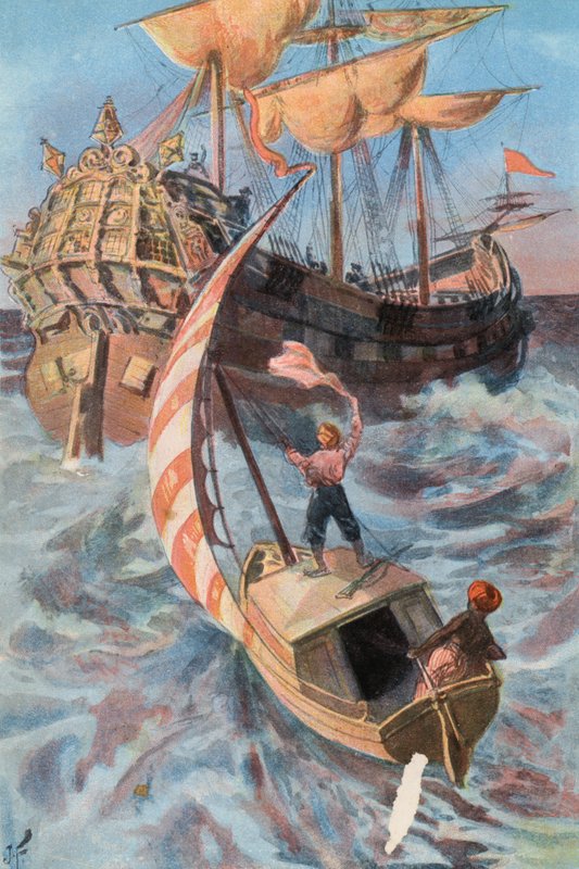 Robinson Crusoe: Jeg blir reddet av et portugisisk skip (farge litho) av Joseph (after) Finnemore