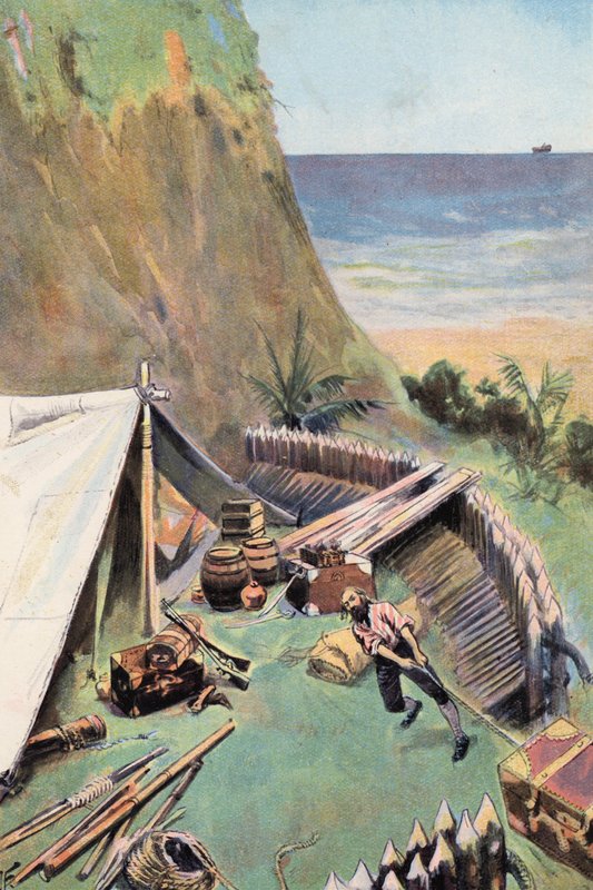 Robinson Crusoe: Jeg samler butikkene mine (farge litho) av Joseph (after) Finnemore
