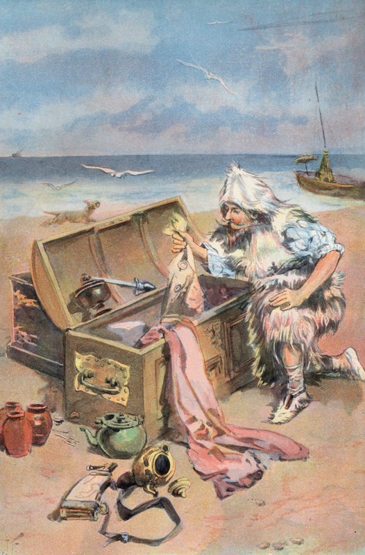 Robinson Crusoe: Jeg undersøker kistene (farge litho) av Joseph (after) Finnemore