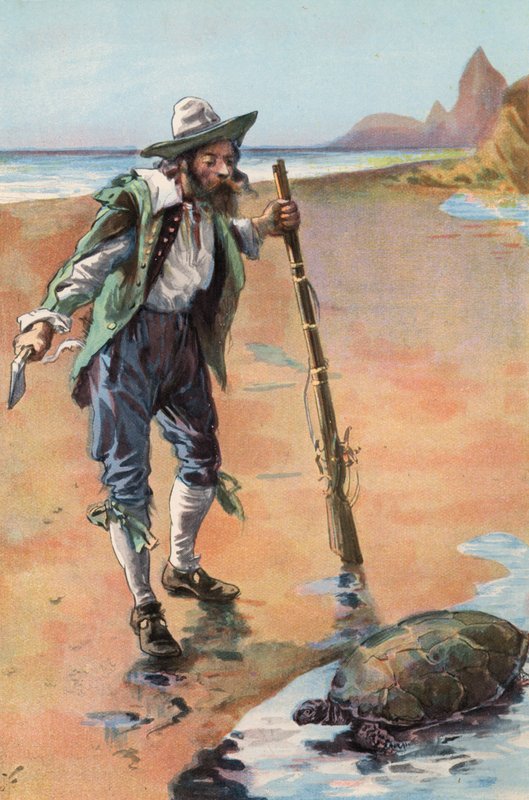 Robinson Crusoe: Jeg finner en skilpadde (farge litho) av Joseph (after) Finnemore