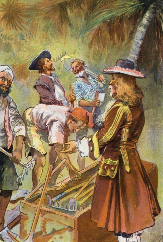Robinson Crusoe: Jeg ga hver mann en gravespade (farge litho) av Joseph (after) Finnemore