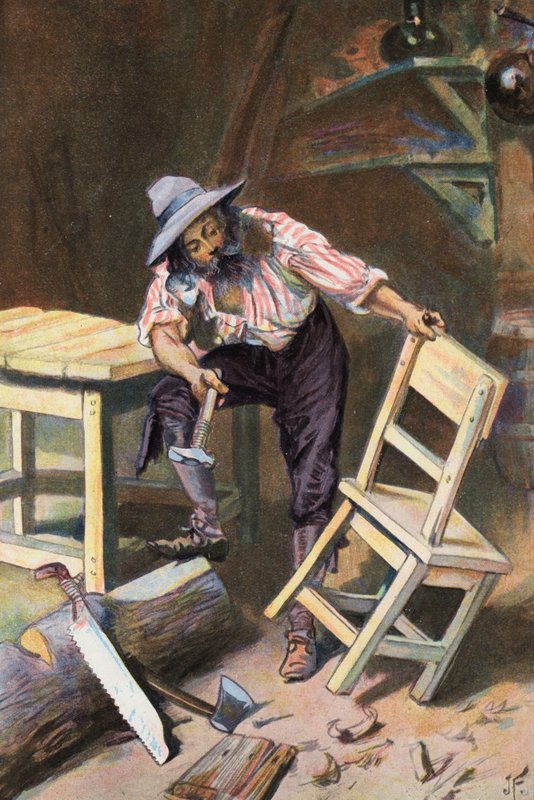 Robinson Crusoe: Jeg lager et bord og en stol (farge litho) av Joseph (after) Finnemore