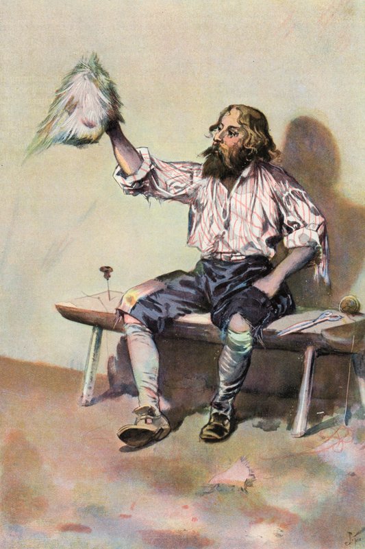Robinson Crusoe: Jeg lager meg en caps (farge litho) av Joseph (after) Finnemore