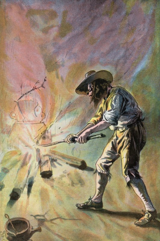 Robinson Crusoe: Jeg lager potter (farge litho) av Joseph (after) Finnemore