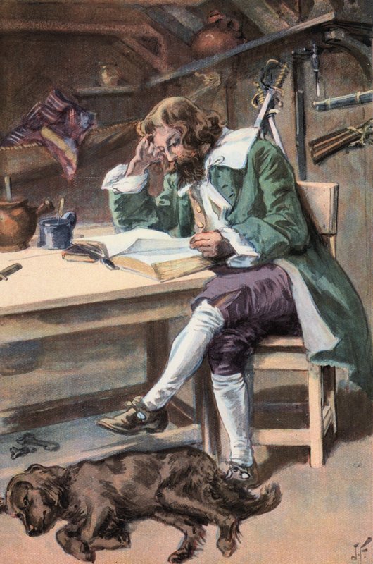 Robinson Crusoe: Jeg leser Bibelen min (litho i farge) av Joseph (after) Finnemore
