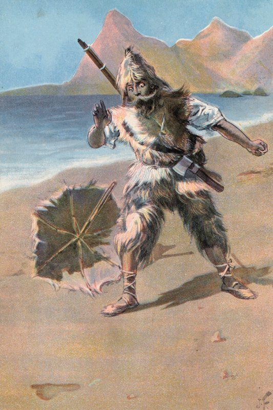 Robinson Crusoe: Jeg ser et fotavtrykk (farge litho) av Joseph (after) Finnemore