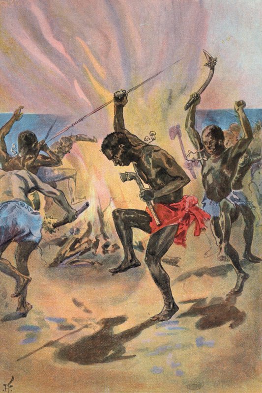 Robinson Crusoe: Jeg ser villmennene danse (farge litho) av Joseph (after) Finnemore