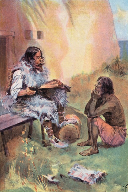 Robinson Crusoe: Jeg lærer fredag (farge litho) av Joseph (after) Finnemore