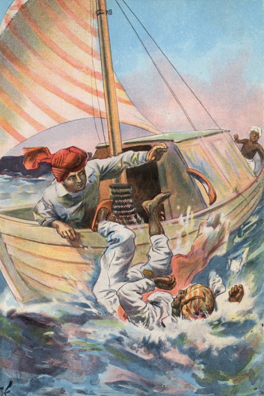 Robinson Crusoe: Jeg kaster mauren over bord (farge litho) av Joseph (after) Finnemore