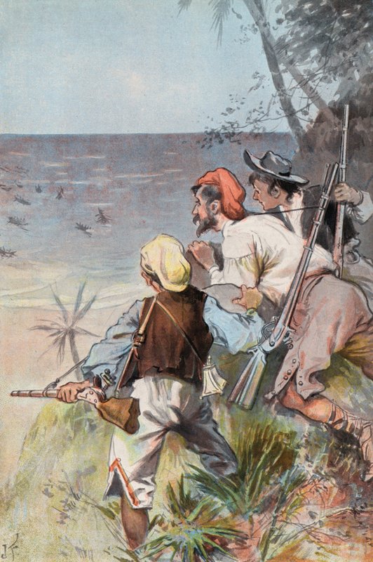 Robinson Crusoe: Invadert av villmenn (farge litho) av Joseph (after) Finnemore