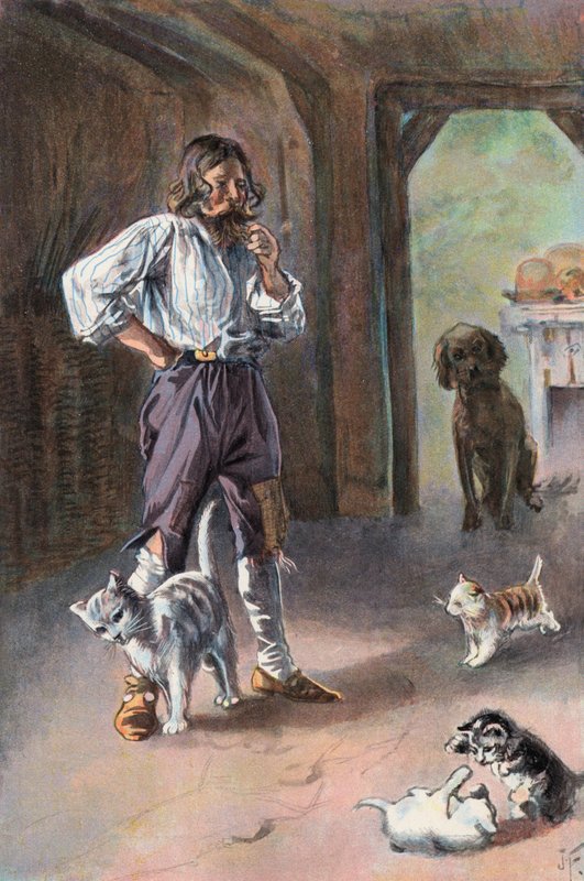 Robinson Crusoe: Katten min tok med seg tre kattunger hjem (farge litho) av Joseph (after) Finnemore