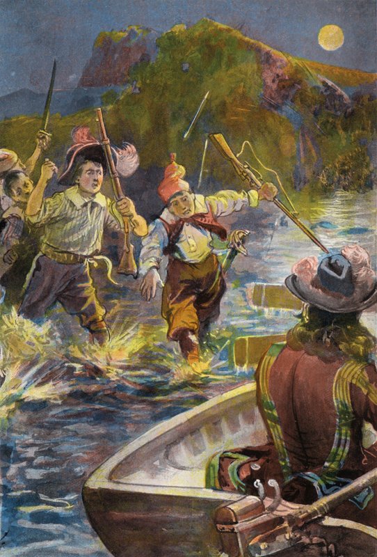 Robinson Crusoe: Våre menn skynder seg etter båtene (farge litho) av Joseph (after) Finnemore