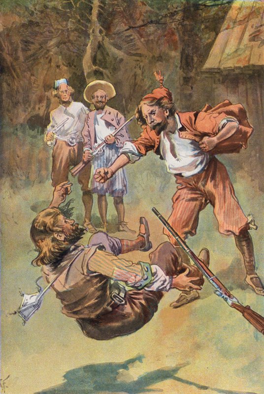 Robinson Crusoe: Spanjolen, med ett knyttneveslag, slo ham ned (farge litho) av Joseph (after) Finnemore