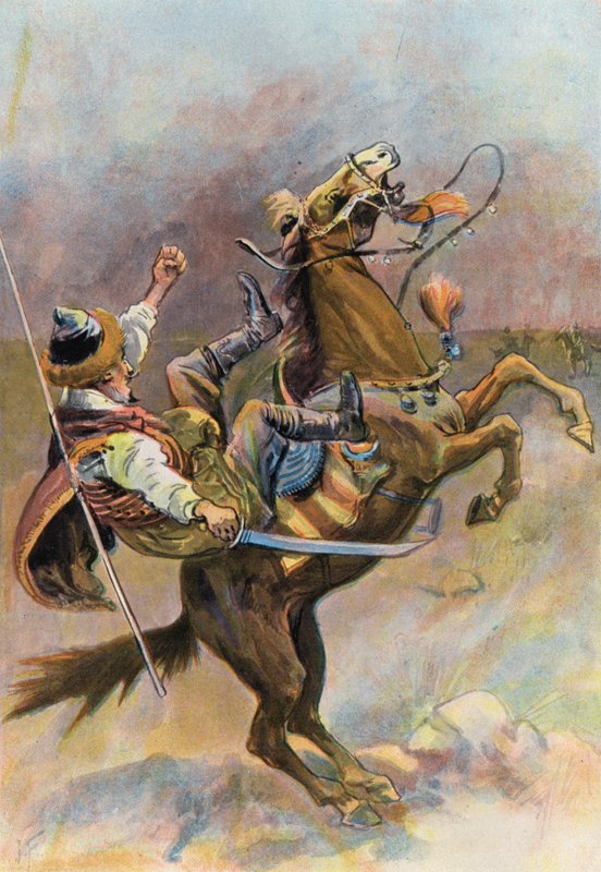 Robinson Crusoe: Hesten kastet ned tartaren og falt på ham (farge litho) av Joseph (after) Finnemore