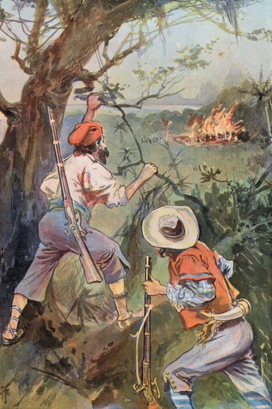 Robinson Crusoe: Hyttene i brann (farge litho) av Joseph (after) Finnemore
