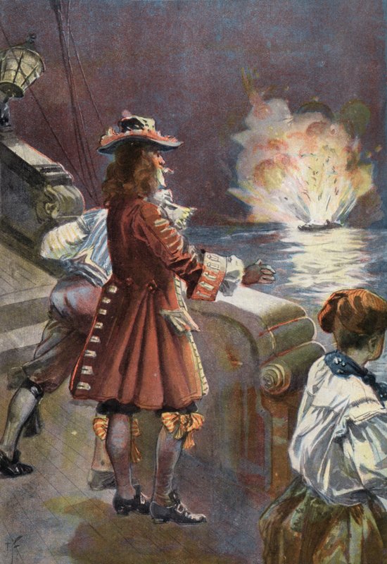 Robinson Crusoe: Skipet blåste opp i luften (farge litho) av Joseph (after) Finnemore